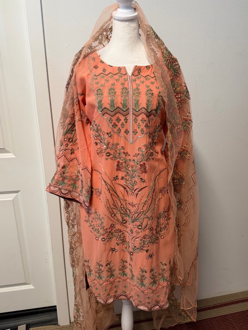 Peach Coral Pakistani Embroidered 3 Piece Shalwar Kameez Suit Floral Formal